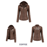 Red Leather Jacket Hooded Leather Jacket Two-Piece Detachable Leather Jacket Women's Spring and Autumn Coat Women's Pu