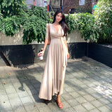Women Dresses Beige Dress Lace-up Belt Slim Fit Dress V-neck