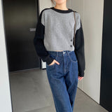 Women Winter Knitted Sweater Autumn Winter Sweater Sweater Button Color Contrast Patchwork Cropped Top 8t7311