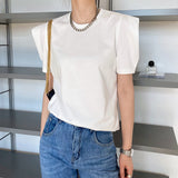 Women's T-shirt Summer Short-Sleeved T-shirt Women's Loose round Neck I Puff Sleeve Top