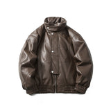 Unisex Winter Cotton Coat Winter Stand-up Collar down Jacket Retro Loose PU Leather down Jacket