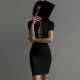 Women Dresses Summer Hollow Slim Solid Color Short Sleeve Dress