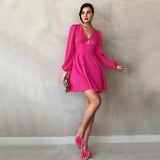 Women Dress Autumn and Winter V-neck Puff Sleeve Mini Dress