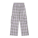 Men Sweatpants Plaid Casual Working Pants Loose Pockets Wide-Leg Straight Trousers