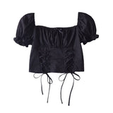 Women Tops Summer Vintage Court Style Puff Sleeve Square Collar Lace up Shirt