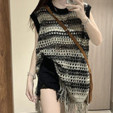 Women Knitwear Summer Stripes Hollow out Sleeveless Knitwear Loose-Fitting Tassel Top