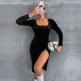 Women Dress Spring and Summer Sexy Slim Fit Square Collar Long Sleeve Velvet Hip Skirt Dress