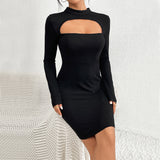 Women Dress Fall/Winter Slim Hip Knitwear Long Sleeve Mini Skirt Sexy Cutout Dress