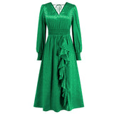 Women Date Dress Autumn and Winter V-neck Bubble Long Sleeve Dress