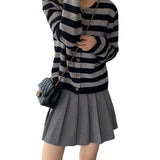 Women Cardigan Sweater Striped Sweater Cardigan Autumn round Neck Long Sleeve Top Women 8t7282