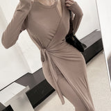 Women Dresses Beige Openwork Dress Long Skirt Bow Hip Skirt