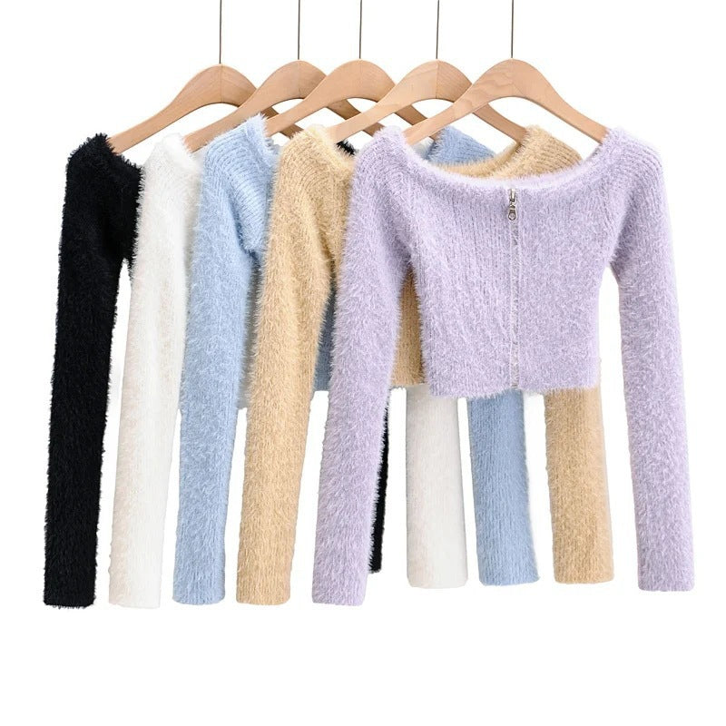 Women Sweater Knitwear Long-Sleeve Zipper Knitted Cardigan Short Coat