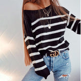 Women Knitted Sweater Loose Outer Wear Long Sleeve Sweater Crew Neck Striped Sexy Shoulder-Baring Sweater