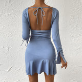 Honeymoon Dresses V-neck hip-wrapped long-sleeved dress, sexy backless lace-up in autumn and winter