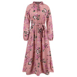 Women Date Dress Autumn Long Sleeve Lace Stand Collar Belt Long Dress