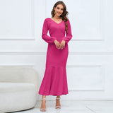 Women Date Dress V-neck Fishtail Skirt Elegant High Waist Evening Long Dress