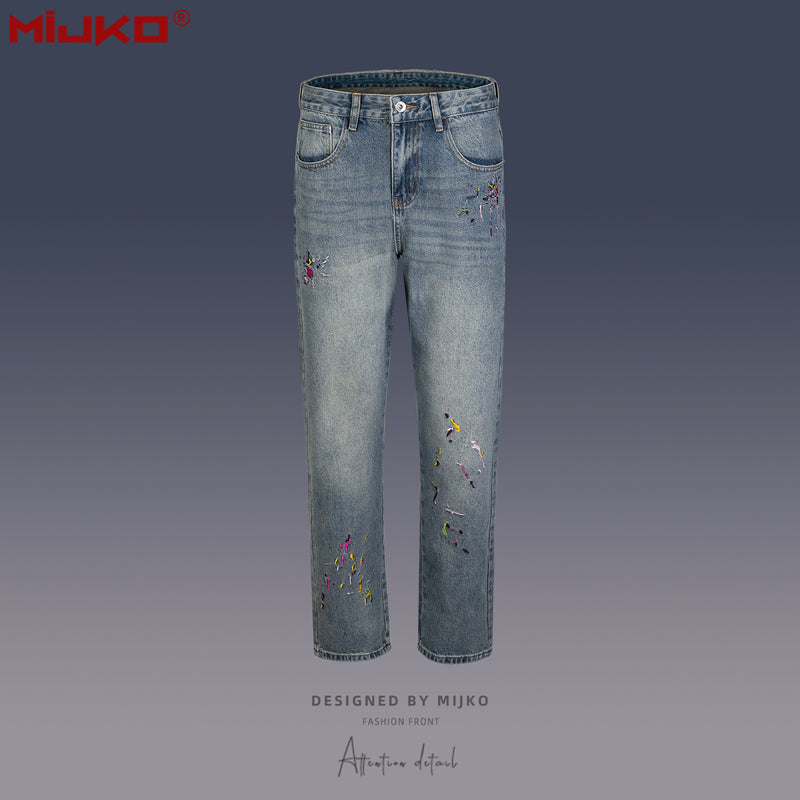 MIJKO Mens Vintage Pants Embroidery Embellished Slim-fitting Old Jeans