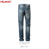 MIJKO Mens Vintage Pants Ragged Patch Unisex Jeans