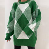 Ladies Leisure Knitwear Half Turtleneck Pullover Sweater Loose Green Diamond Lattice Sweater