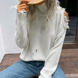 Women Knitted Sweater Autumn and Winter Shabby Long Sleeve Hollow out White High Collar Sweater