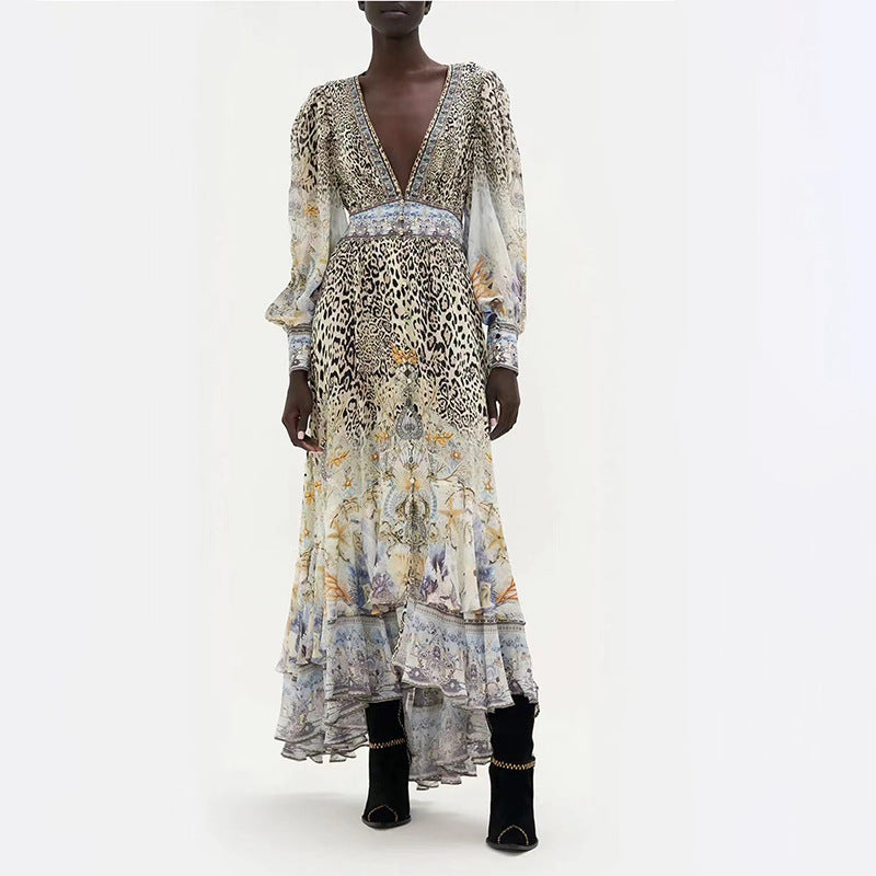 Women Dresses Spring V-neck Printed Long Sleeve Dress Long Dress (Qymy0409)