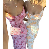 Women Dresses Summer Dress Mesh Floral Print Sling Slim Fit Dress