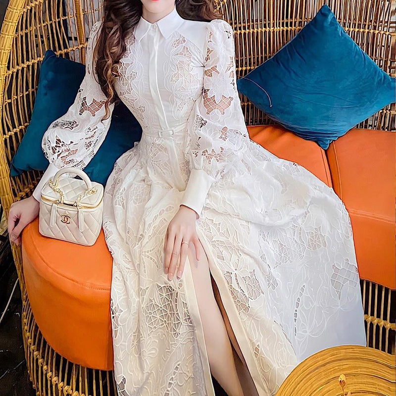 Women Dresses Spring Lace Embroidered Stand Collar Puff Sleeve Dress Long Dress (Qymy0409)