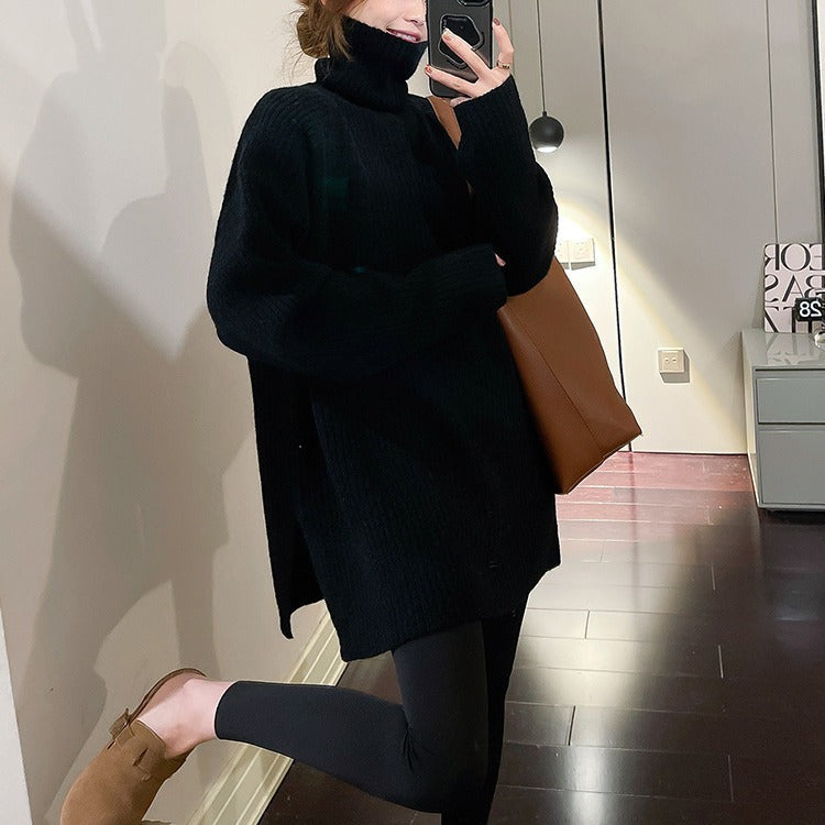 Women Knitwear Autumn and Winter Turtleneck Slit Knit Sweater Loose Sweater