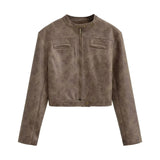 Women Leather Jacket Retro Short Slim-Fitting Biker Jacket Autumn Leather Coat Suede Jacket