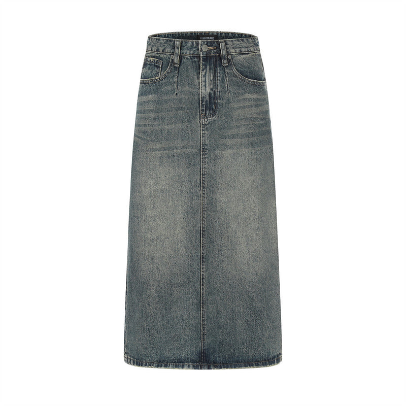 Women Long Skirt Back Slit Mid-Length Denim Skirt