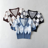Women Sweater Knitwear V-neck Tight Waist Diamond Plaid Knitted Cardigan Single-Breasted Short Sleeve Top