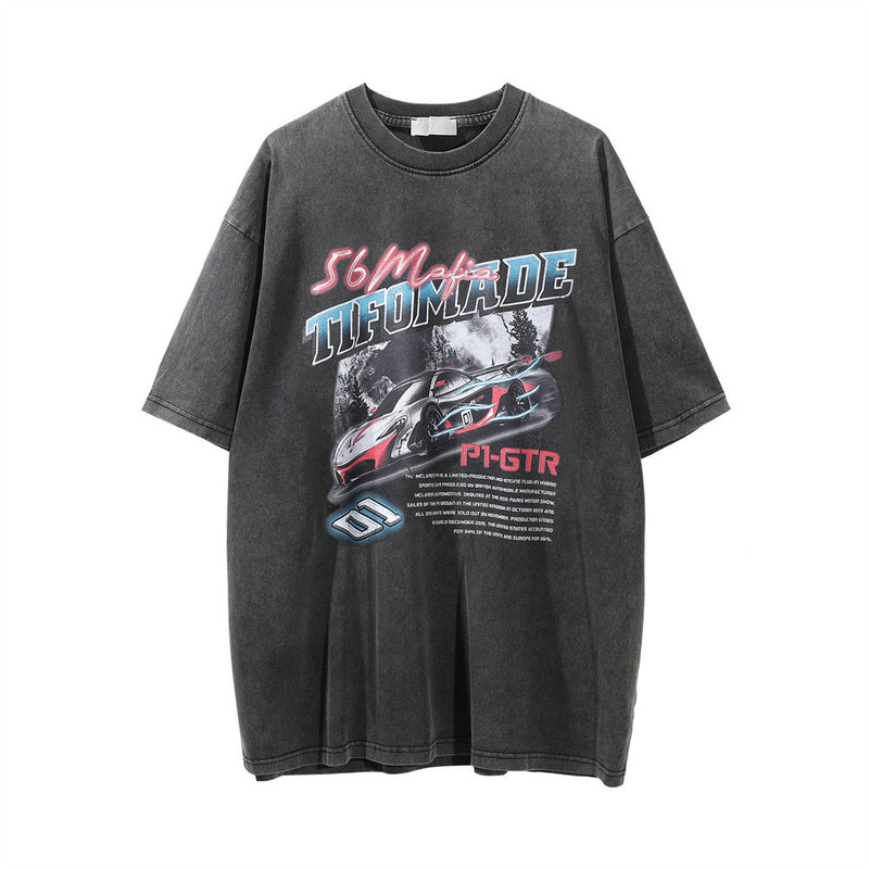 Men Vintage T-Shirt Cartoon Racing Letter Print Short-Sleeve T-shirt