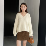 Women Winter Knitted Sweater V-neck Thick Sweater Autumn and Winter Loose-Fitting Long Sleeve Sweater H0001