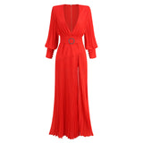 Women Dresses Sexy Slit Lantern Sleeve V-neck Dress Long Dress Evening Dress (Zns0409)