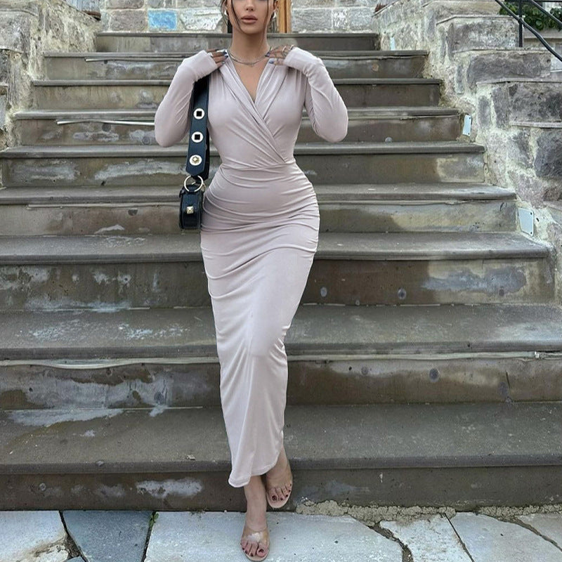 Women Dresse Long Sleeve V-neck Slim Fit Sheath Dress
