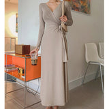 Women Dresses V-neck Bow Long Sleeve Dress