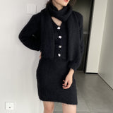 Women Knitted Two-Piece Set Cardigan Skirt Scarf Three-Piece Set Button Knitted Sweater Casual Suit 1t8852