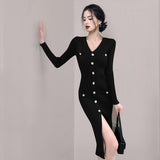 Women Maxi Dress Autumn and Winter V-neck Hip Knitwear Dress