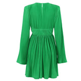 Women Dress Spring Green Pleated Dress round Neck Dress