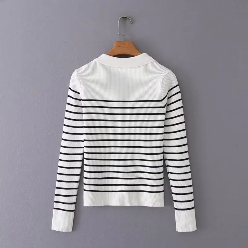 Women Sweater Knitwear Autumn Polo Collar Vintage Mixed Color Stripe Knitted Cardigan