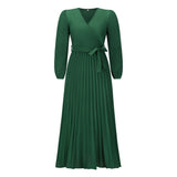 Women Date Dress V-neck Long Sleeve Pleated Dress