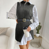 Women Knitted Sweater Autumn Split Solid Color Mid-Length Vest Sweater