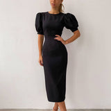 Women Dress round Neck Puff Sleeve Hip Skirt White Short Sleeve Dress