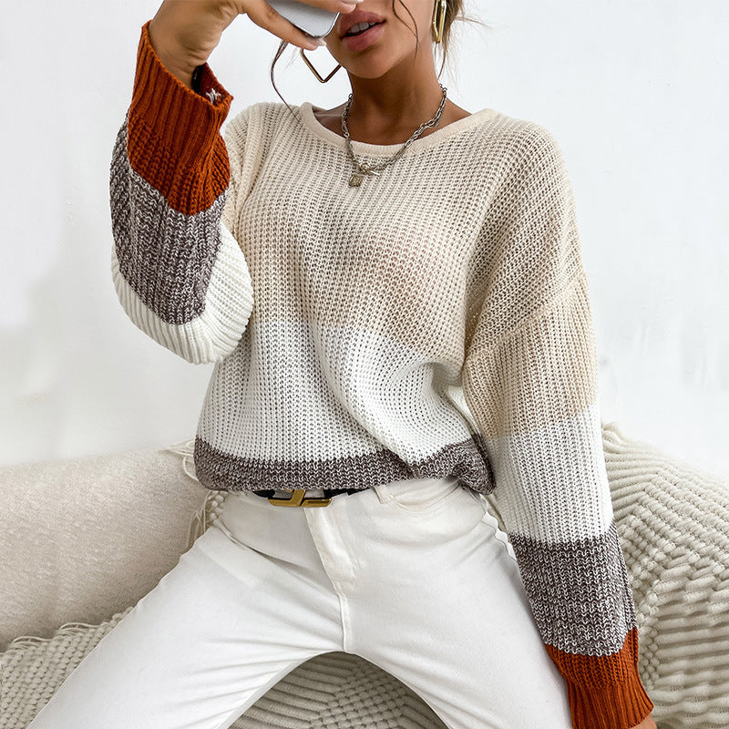 Women Knitted Sweater Autumn and Winter round Neck Contrast Color Knitwear Sweater