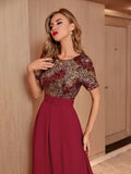 Women Evening Gown Sexy Big Swing Chiffon Stitching Sequins Dress