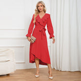 Women Date Dress Winter V-neck Dress Mid-Length Dress
