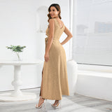 Women Date Dress Sexy Sleeveless V-neck Slit Slim Fit Long Dress