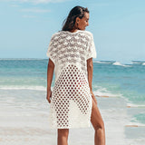 Women Knit Beach Cover Knitted Hollow out V-neck Pullover Short Sleeve Smock Dress