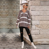 Women Knitted Sweater Autumn Stripes V-neck Pullover Sweater