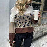 Women Knitted Sweater Autumn and Winter Leisure Women's Long Sleeve Leopard Print Contrast Color Sweater